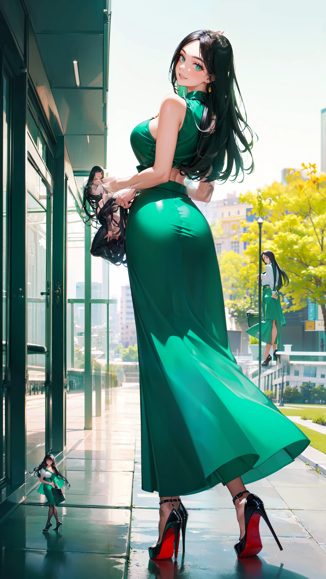 ((masterpiece, high resolution, better quality, better details)), ((Smiling)), ((one girl)) a girl sitting in the office, full body, maxi skirt, long skirt, ((long skirt without openings)),((louboutin high heels)), green eyes , ((black hair, long hair)), shiny skin, ((above view)), solo, from above, full body, focus full body, high heels, in office,