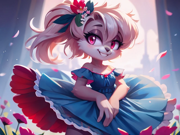 Cute koala furry girl, messy hairstyle, detailed body, clothes, dress, flower, hair, pink eyes, wide smile, modern art, best quality, high elegance 