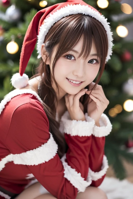 A Japanese model in a bright red Santa cosplay poses for a photo shoot、Bright red outfit、Santa Dress,  looking at camera、Detailed and beautiful eyes、 cute smile、 soft and gentle expression 、 Christmas tree in the background 