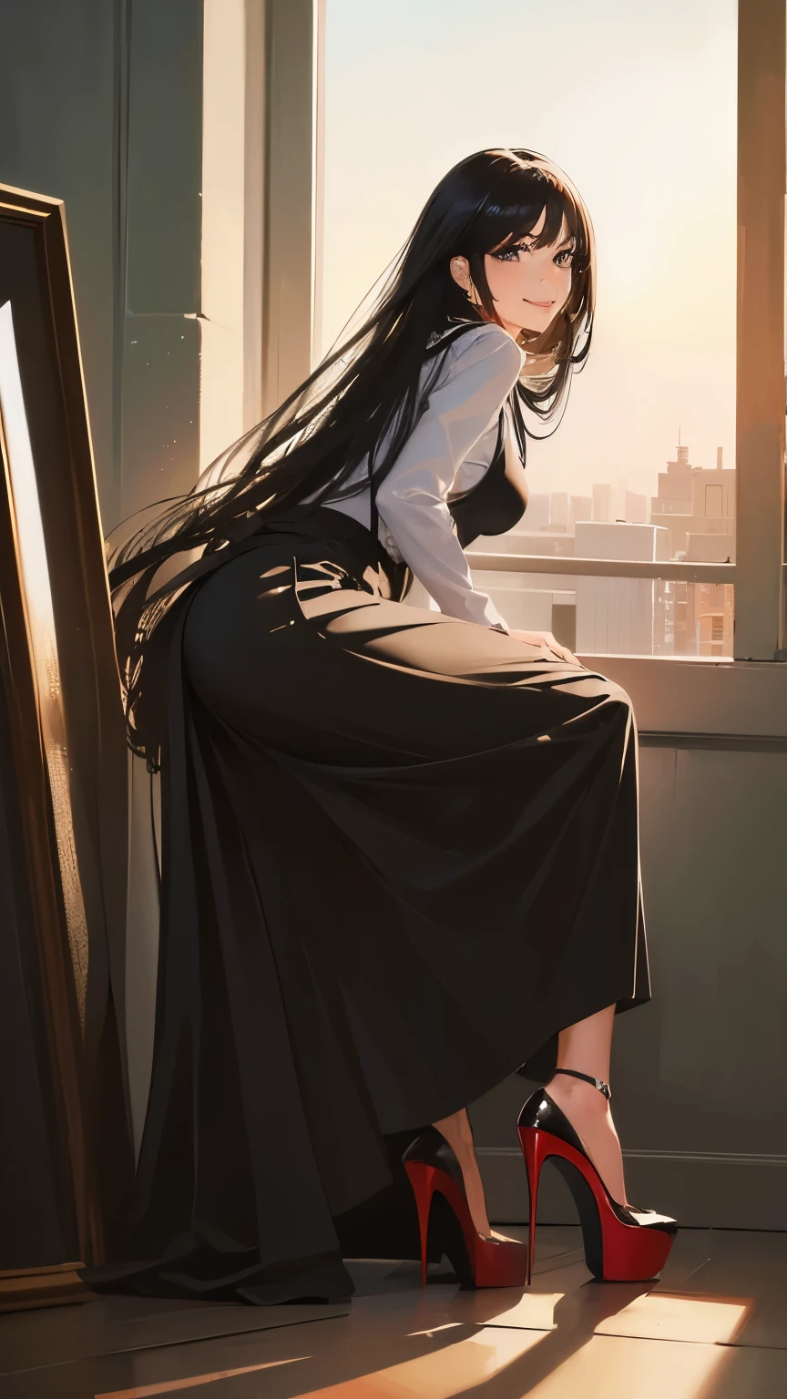 ((masterpiece, high resolution, better quality, better details)), ((Smiling)), ((one girl)) a girl sitting in the office, full body, maxi skirt, long skirt, ((long skirt without openings)),((louboutin high heels)), green eyes , ((black hair, long hair)), shiny skin, ((above view)), solo, from above, full body, focus full body, high heels, in office,