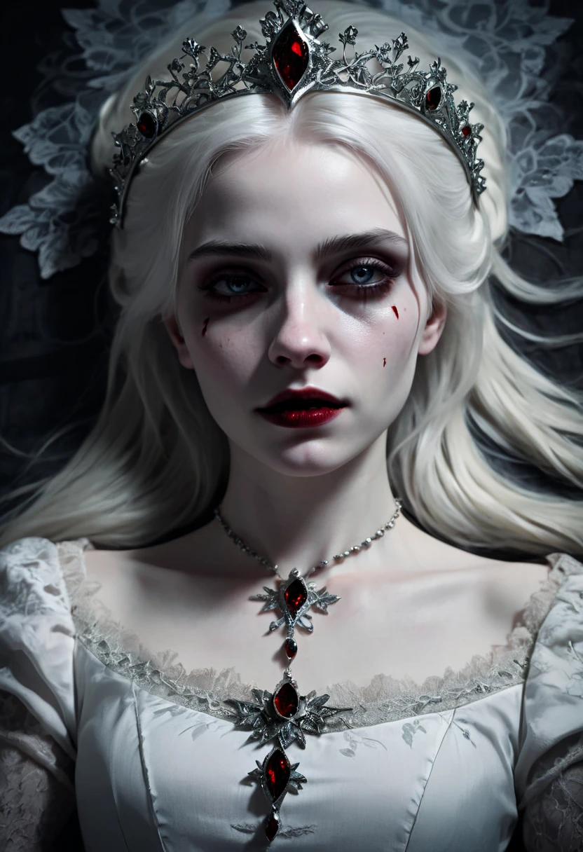 a beautiful deceased girl, pale skin, lifeless eyes, white hair, blood on face, dramatic dark lighting, fainted, Lying down, cinematic composition, gothic horror style, dark muted colors, dramatic shadows, highly detailed, intricate, photorealistic, death, blood