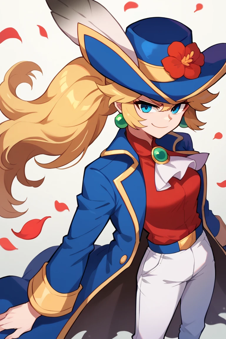 score_7_up, BREAK 1girl, solo,  IncrsPchSwordfighter, long hair, ponytail, hat feather, ascot, white pants, hat flower, long sleeves, petals, red flower, red shirt, blue jacket, feathers, blue coat, coat, blue headwear, brooch, jewelry, earrings, smirk