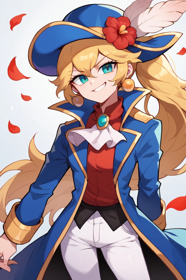 score_7_up, BREAK 1girl, solo,  IncrsPchSwordfighter, long hair, ponytail, hat feather, ascot, white pants, hat flower, long sleeves, petals, red flower, red shirt, blue jacket, feathers, blue coat, coat, blue headwear, brooch, jewelry, earrings, smirk