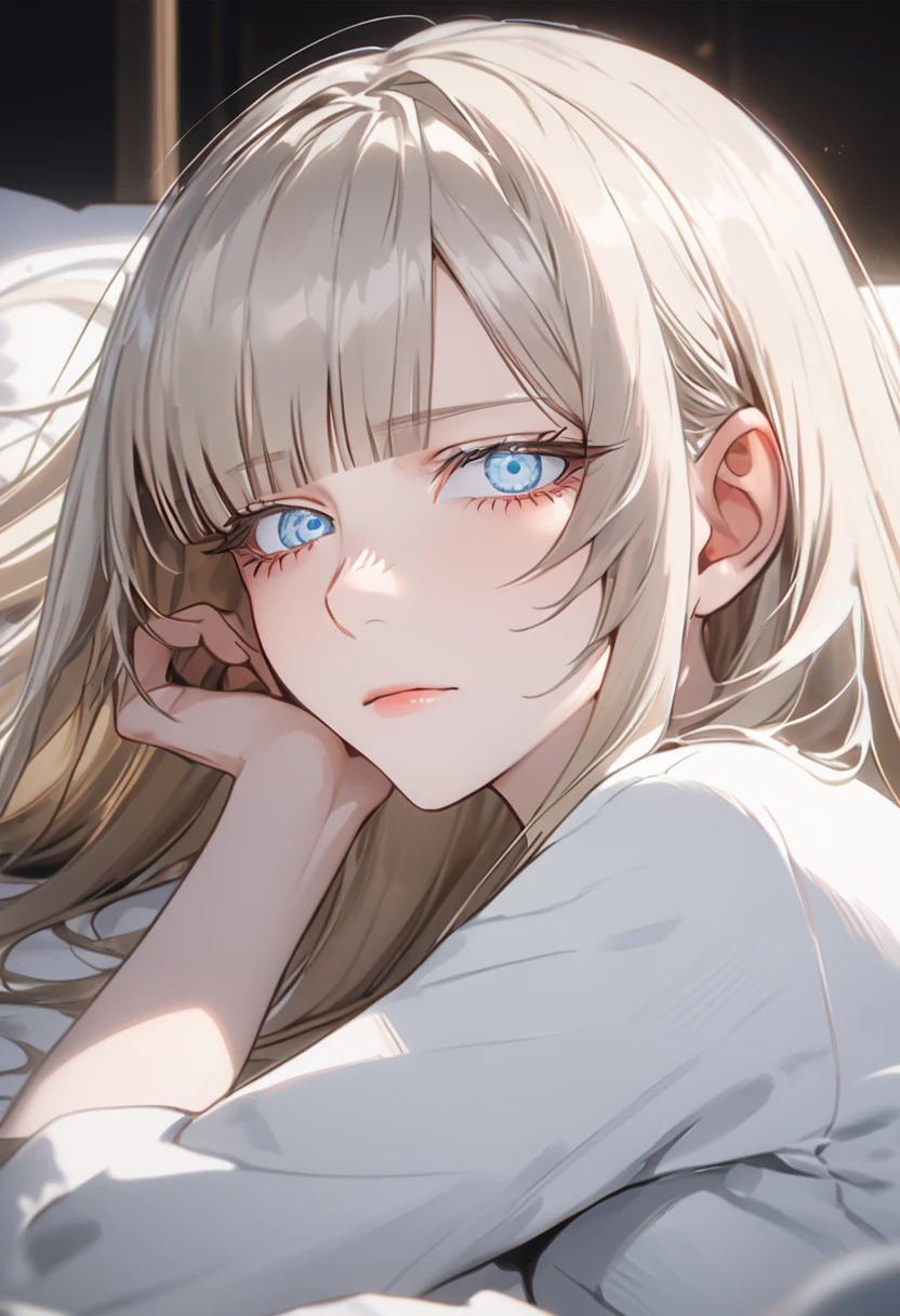 Anime style, 1 girl, 1 sexy girl, white pale skinned girl, porcelain skin, blue eyes, (HAIR: light blonde straight cut, long length, full bangs covering eyebrows, side framing fringe, extra long hair ) (BODY: flat chested, skinny, short )(best quality, 4k, 8k, highres, masterpiece:1.2), ultra-detailed, HDR, UHD, studio lighting, detailed eyes, ultra-fine painting, sharp focus, physically-based rendering, extreme detail description, professional, vivid colors, sleeping, in_an_opulent_bed, sleepy, laying_on_side, droopy_eyes score_9, score_8_up, score_9_up, source_anime