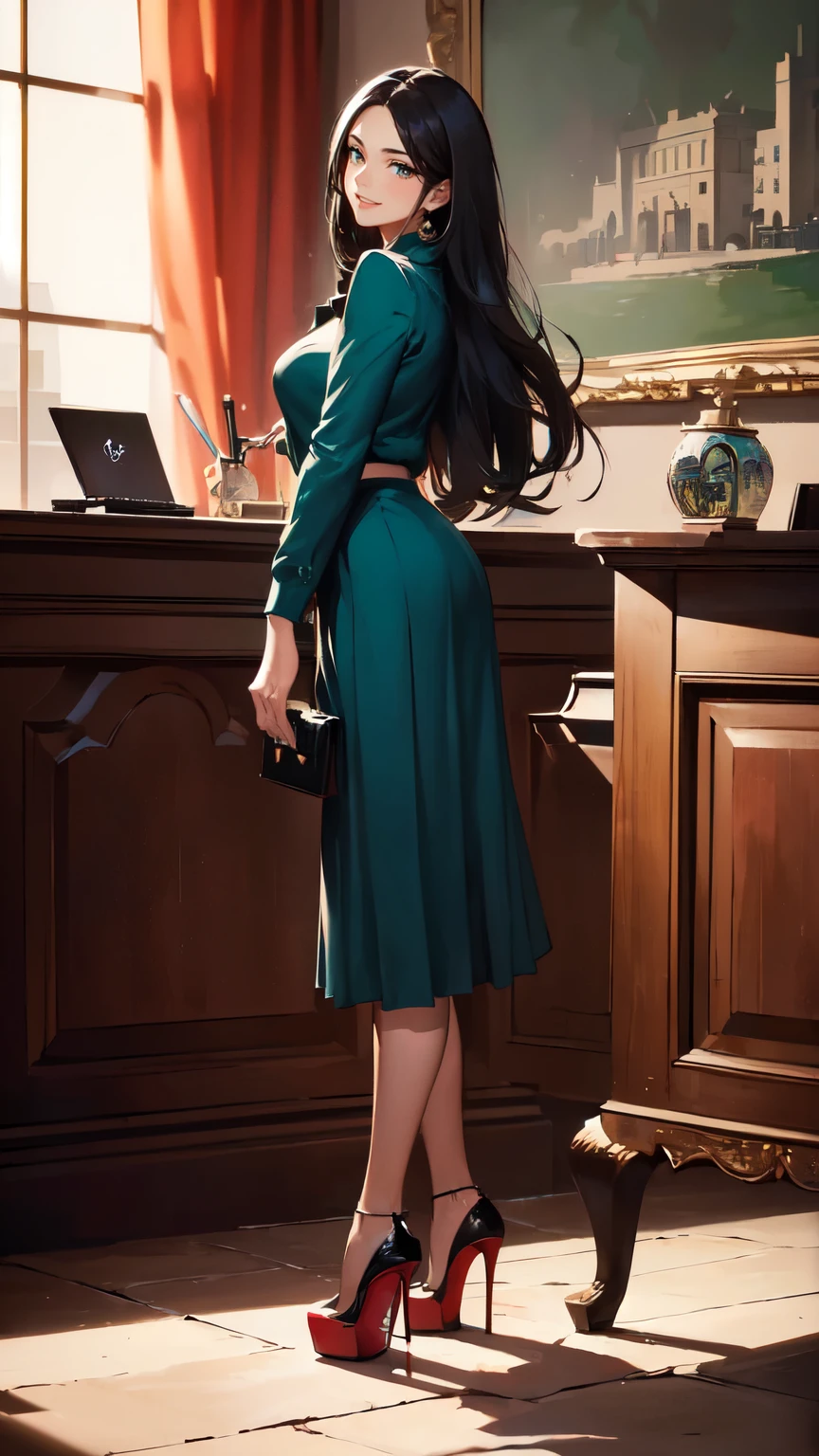 ((masterpiece, high resolution, better quality, better details)), ((Smiling)), ((one girl)) a girl sitting in the office, full body, maxi skirt, long skirt, ((long skirt without openings)),((louboutin high heels)), green eyes , ((black hair, long hair)), shiny skin, ((above view)), solo, from above, full body, focus full body, high heels, in office,