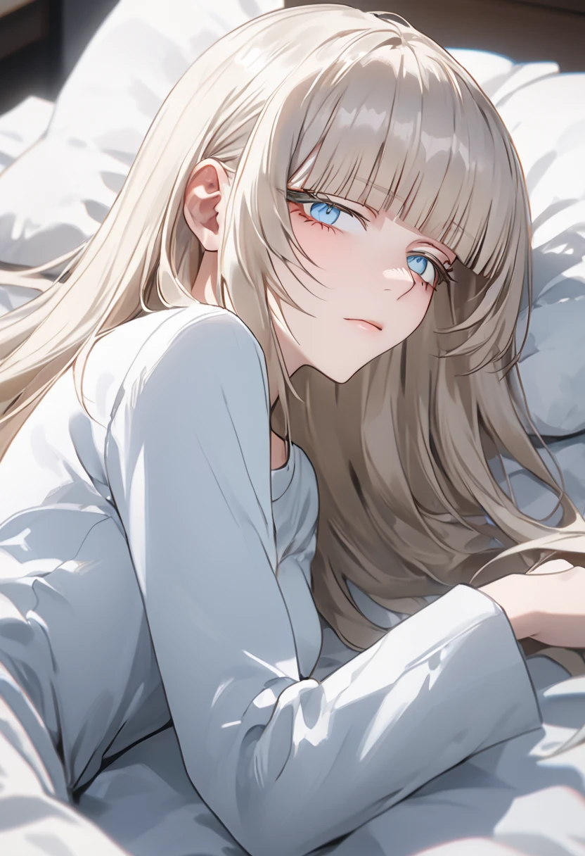 Anime style, 1 girl, 1 sexy girl, white pale skinned girl, porcelain skin, blue eyes, (HAIR: light blonde straight cut, long length, full bangs covering eyebrows, side framing fringe, extra long hair ) (BODY: flat chested, skinny, short )(best quality, 4k, 8k, highres, masterpiece:1.2), ultra-detailed, HDR, UHD, studio lighting, detailed eyes, ultra-fine painting, sharp focus, physically-based rendering, extreme detail description, professional, vivid colors, sleeping, in_an_opulent_bed, sleepy, laying_on_side, droopy_eyes, score_9, score_8_up, score_9_up, source_anime