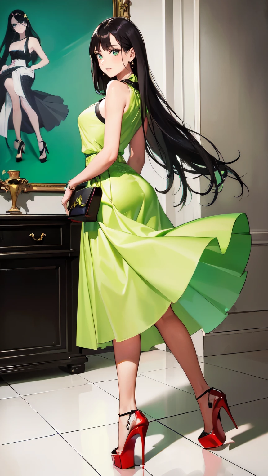 ((masterpiece, high resolution, better quality, better details)), ((Smiling)), ((one girl)) a girl sitting in the office, full body, maxi skirt, long skirt, ((long skirt without openings)),((louboutin high heels)), green eyes , ((black hair, long hair)), shiny skin, ((above view)), solo, from above, full body, focus full body, high heels, in office,