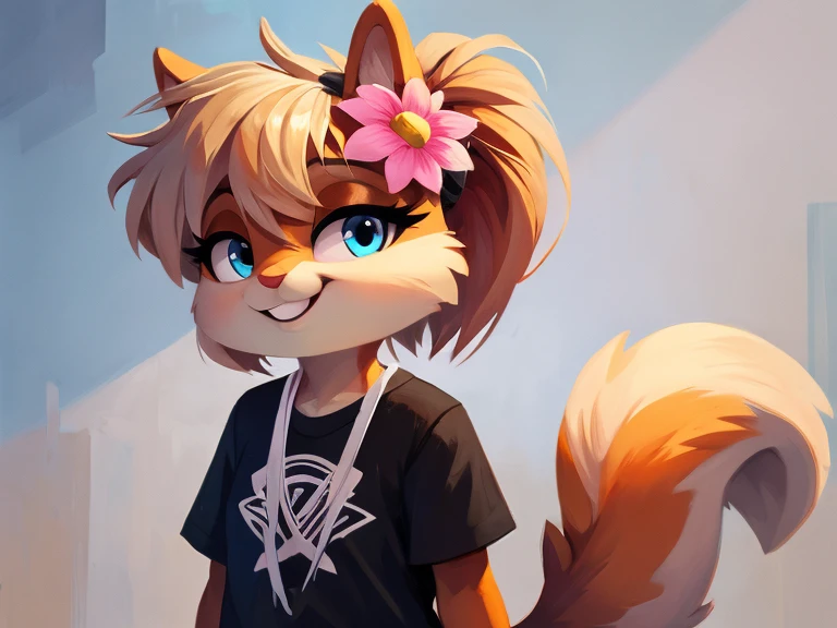 Furry girl, cute squirrel, messy hairstyle, detailed body, plain clothes, flower hair, blue eyes, wide smile, modern art, best quality, high taste. 