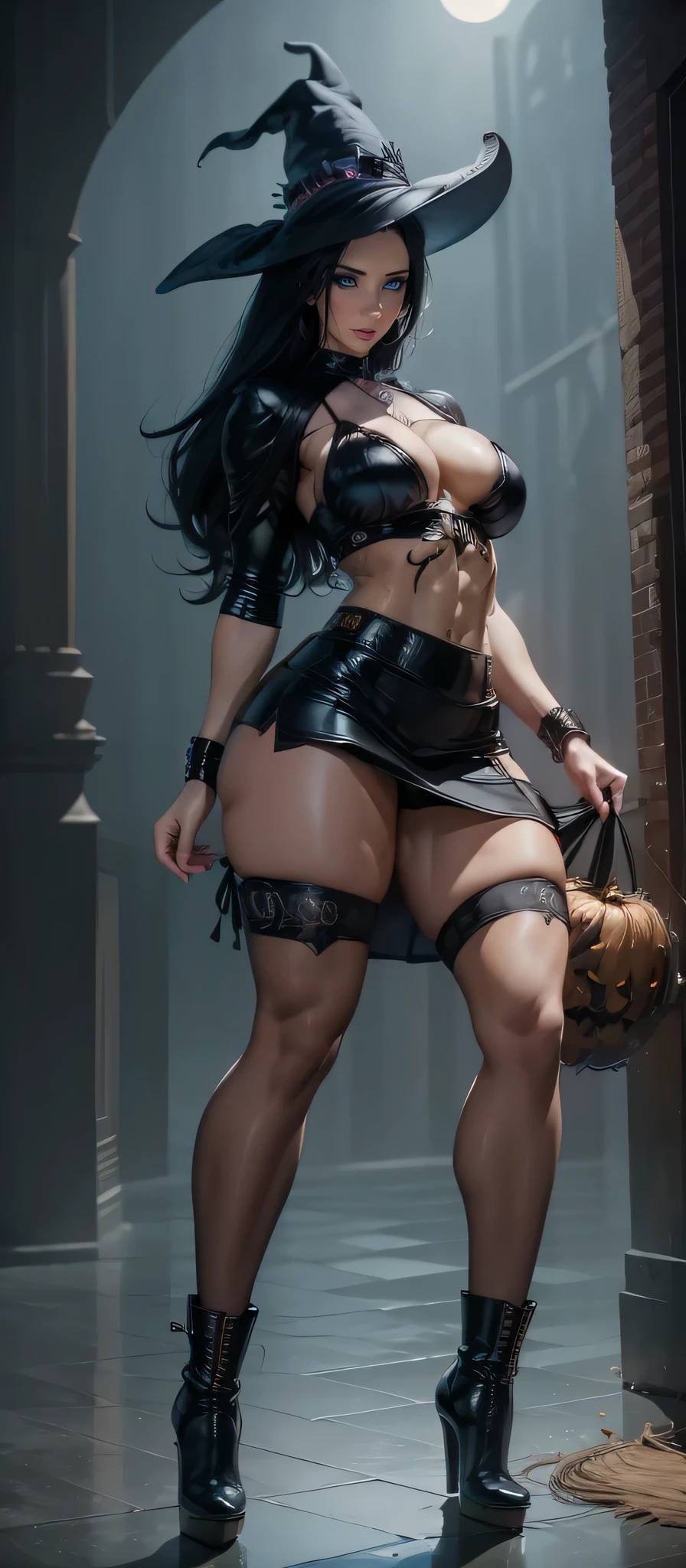  a sexy woman in a  (((mini-skirt))) , (((fantasia de halloween))), detailed apparel ,   off-road boots , posing, full body shot, very sexy,  she's on a broom ,  there's a big case of spells in the background,  there are cobwebs ,  full-length , 8k,  masterpiece , The best quality,  high resolution,  Tall details,  very detailed, 
