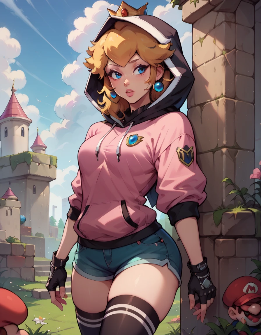 (masterpiece, best quality:1.2), thepit, 1girl, solo, thighhighs, shorts, hood, gloves, fingerless gloves, long hair, hoodie, black thighhighs, princess peach from mario Bros