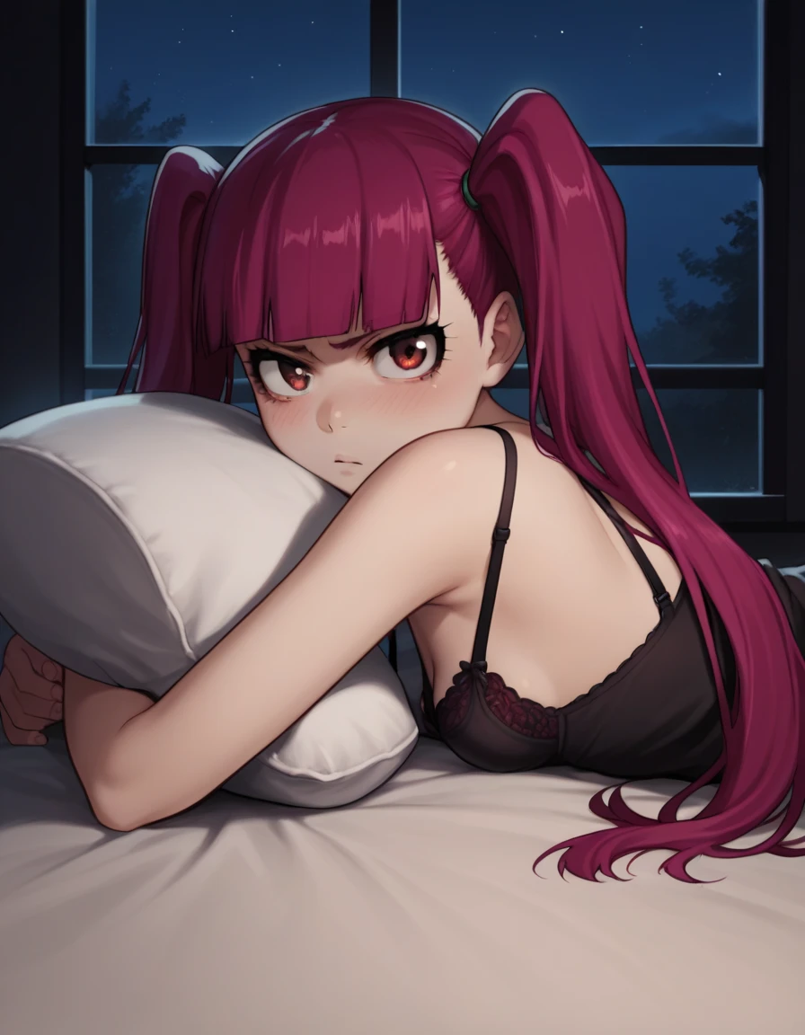 score_9, score_8_up, score_7_up, source_anime, riruka dokugamine, long hair, twintails, red eyes, purple hair, bangs, blunt bangs, small breasts,       skinny, petite body, cleavage, looking at viewer,  dimly light, nightgown, night, windows, bedrrom, blush,     black-red lingerie,bra,blush,petite,indoor,  ass, on stomach, from behind, thick thighs, 1girl, solo, pillow, looking at viewer, looking back, ass-from-behind,  shy