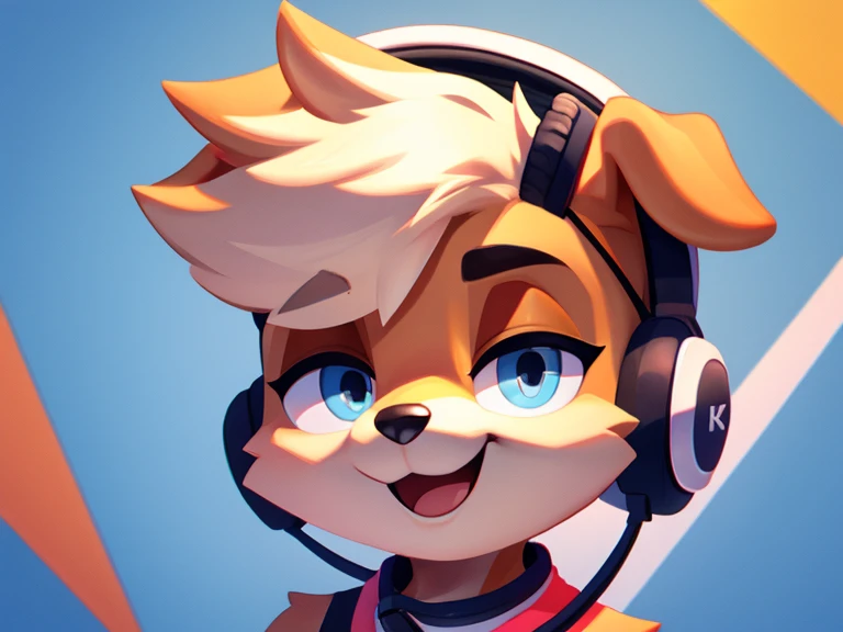 Furry boy, cute dog, thick hairstyle, detailed body, normal clothes, headphones on the head, blue eyes, wide smile, modern art, best quality, high taste. 