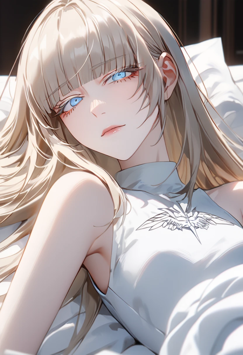 Anime style, 1 girl, 1 sexy girl, white pale skinned girl, porcelain skin, blue eyes, (HAIR: light blonde straight cut, long length, full bangs covering eyebrows, side framing fringe, extra long hair ) (BODY: flat chested, skinny, short )(best quality, 4k, 8k, highres, masterpiece:1.2), ultra-detailed, HDR, UHD, studio lighting, detailed eyes, ultra-fine painting, sharp focus, physically-based rendering, extreme detail description, professional, vivid colors, sleeping, in_an_opulent_bed, sleepy, laying_on_side, droopy_eyes, score_9, score_8_up, score_9_up, source_anime