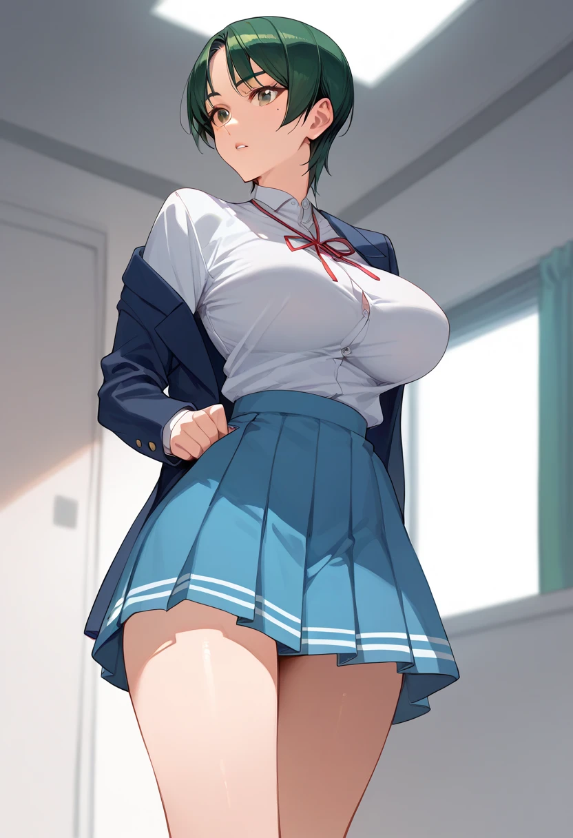 momokino, large breasts, short hair, green hair, mole, school uniform, skirt