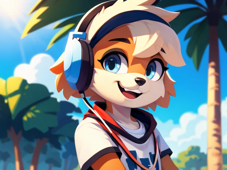 Furry boy, cute dog, short hairstyle, detailed body, normal clothes, headphones on the head, blue eyes, wide smile, modern art, best quality, high taste. 