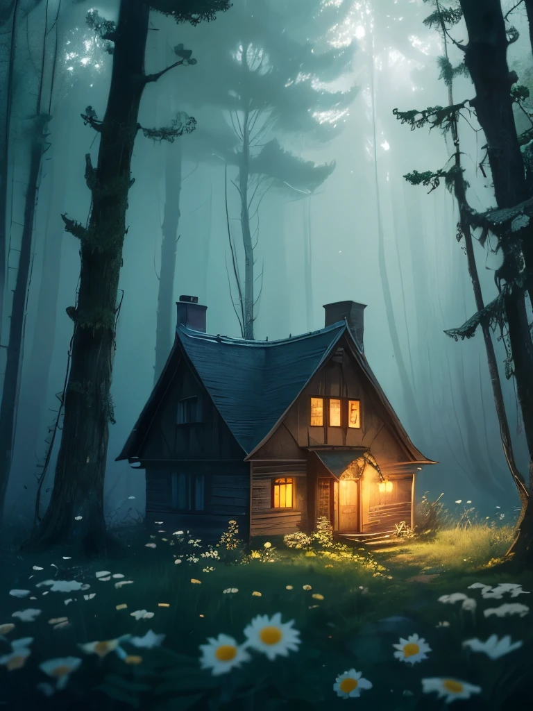 there is a house in the middle of a field of daisies, a matte painting inspired by Samuel Hieronymus Grimm, cgsociety contest winner, fantasy art, witch cottage in the forest, cottage in the woods, cottage in the forest, solitary cottage in the woods, dark fantasy setting, beautiful render of a fairytale, house in forest, the house in the forest