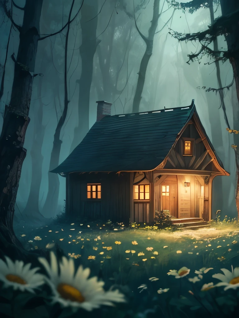 there is a house in the middle of a field of daisies, a matte painting inspired by Samuel Hieronymus Grimm, cgsociety contest winner, fantasy art, witch cottage in the forest, cottage in the woods, cottage in the forest, solitary cottage in the woods, dark fantasy setting, beautiful render of a fairytale, house in forest, the house in the forest