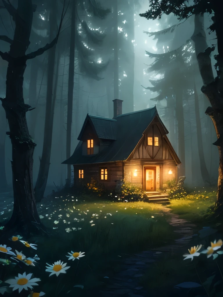 there is a house in the middle of a field of daisies, a matte painting inspired by Samuel Hieronymus Grimm, cgsociety contest winner, fantasy art, witch cottage in the forest, cottage in the woods, cottage in the forest, solitary cottage in the woods, dark fantasy setting, beautiful render of a fairytale, house in forest, the house in the forest