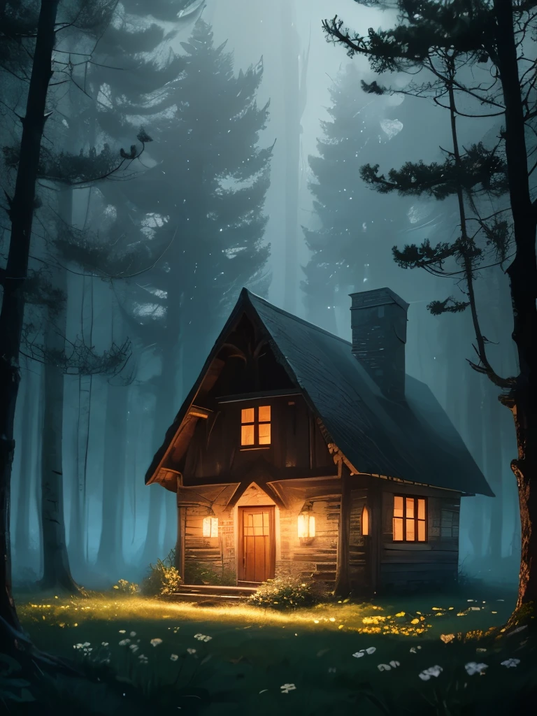 there is a house in the middle of a field of daisies, a matte painting inspired by Samuel Hieronymus Grimm, cgsociety contest winner, fantasy art, witch cottage in the forest, cottage in the woods, cottage in the forest, solitary cottage in the woods, dark fantasy setting, beautiful render of a fairytale, house in forest, the house in the forest