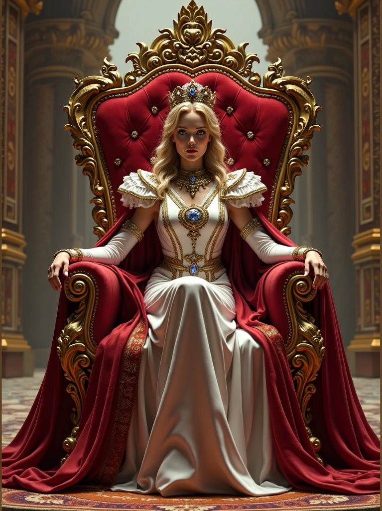 Fairy tale character Lilith standing before her throne, hyperdetailed, intricate, masterful, technically perfect, dark and intricate, fantasy realism,  gold foil, silver foil, glass shards，realistic hyper-detailed portraits, unreal engine 5, rococo pastel hues, full body view, bold character designs front view remote distance.