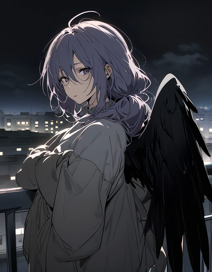 mature, violet, looking at viewer, female, apartment background, messy hair, grey shoulder-length hair, ponytail, parted lips, hair between eyes, ahoge, emotionless, tired eyes, standing, from behind, jeans, turtleneck shirt, comfy clothes, glasses, night, cloudy, leaning on railing, black wings on her waist, harpy