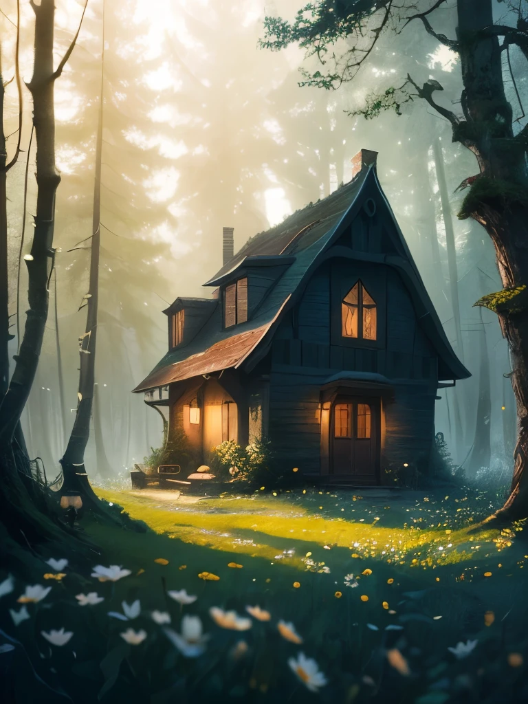 there is a house in the middle of a field of daisies, a matte painting inspired by Samuel Hieronymus Grimm, cgsociety contest winner, fantasy art, witch cottage in the forest, cottage in the woods, cottage in the forest, solitary cottage in the woods, dark fantasy setting, beautiful render of a fairytale, house in forest, the house in the forest