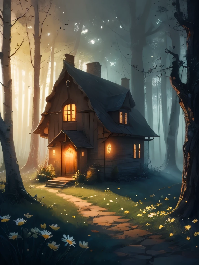 there is a house in the middle of a field of daisies, a matte painting inspired by Samuel Hieronymus Grimm, cgsociety contest winner, fantasy art, witch cottage in the forest, cottage in the woods, cottage in the forest, solitary cottage in the woods, dark fantasy setting, beautiful render of a fairytale, house in forest, the house in the forest