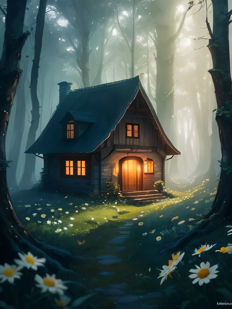 there is a house in the middle of a field of daisies, a matte painting inspired by Samuel Hieronymus Grimm, cgsociety contest winner, fantasy art, witch cottage in the forest, cottage in the woods, cottage in the forest, solitary cottage in the woods, dark fantasy setting, beautiful render of a fairytale, house in forest, the house in the forest