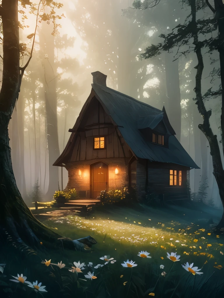 there is a house in the middle of a field of daisies, a matte painting inspired by Samuel Hieronymus Grimm, cgsociety contest winner, fantasy art, witch cottage in the forest, cottage in the woods, cottage in the forest, solitary cottage in the woods, dark fantasy setting, beautiful render of a fairytale, house in forest, the house in the forest