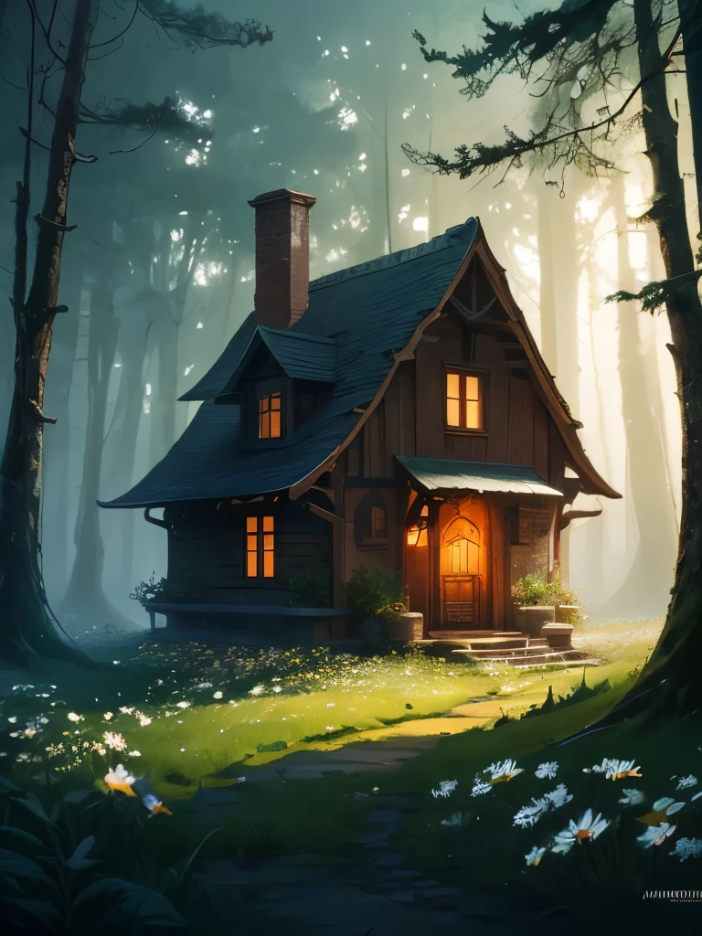 there is a house in the middle of a field of daisies, a matte painting inspired by Samuel Hieronymus Grimm, cgsociety contest winner, fantasy art, witch cottage in the forest, cottage in the woods, cottage in the forest, solitary cottage in the woods, dark fantasy setting, beautiful render of a fairytale, house in forest, the house in the forest