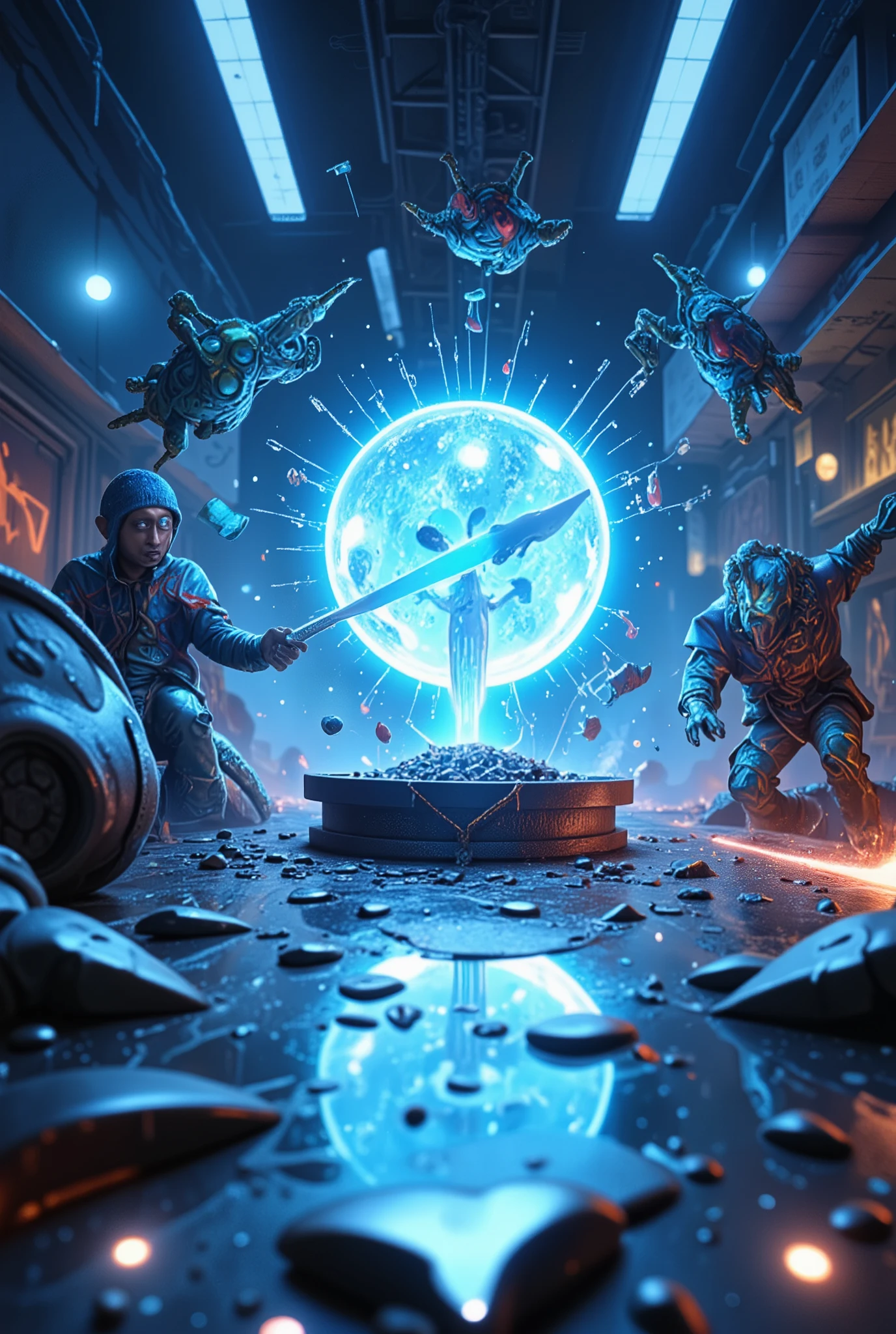 A ground-level shot captures the hero slamming their weapon into the ground. A massive wave of glowing blue energy ripples outward, throwing creatures into the air. The camera shakes subtly with the impact, and glowing cracks spread across the ground, pulsing toward the edges of the frame.

Lighting: Glowing energy pulse acts as primary light source.
Camera Work: Ground-level shot with vibration effects.
Emotion: Power, dominance.