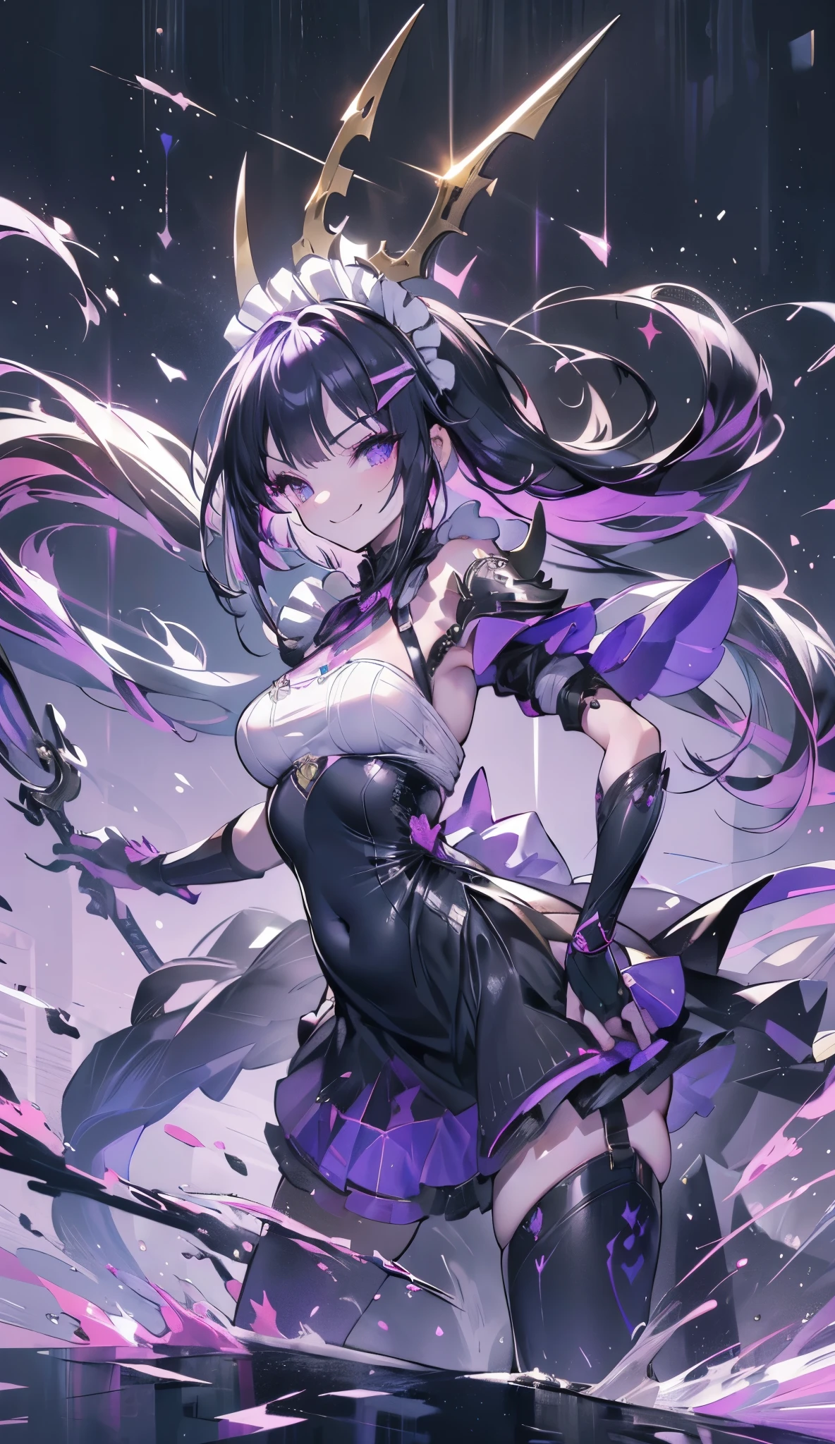 ((masterpiece,best quality)),(negative space:1.4),(1girl, solo:1.4), alleyway, dark atmosphere, a young woman who has black hair that is tied into two high pigtails with a purple tie. Her hair reaches her hips and has purple tips, fringe middle bangs, and two locks in front, with the left lock reaching her collarbone and the right lock reaches her shoulder. She has fluorescent purple eyes with a light colored butterfly detail under her pupils, beautiful detailed eyes, cocky smirk, sadistic, narcissistic, a small cherry blossom flower tattoo on her right collarbone, and tiny black dots under each of her eyes. Additionally, a white-and-black Kitsune mask is at an angle on the top of her head, which has a purple flower gem on its forehead, a dark pink suit with decorative pink cut stone accessories, a sash with a pink gem, and a unique hat adorned with her emblem. She wears gloves, white pants with black bands, and dark-heeled shoes.