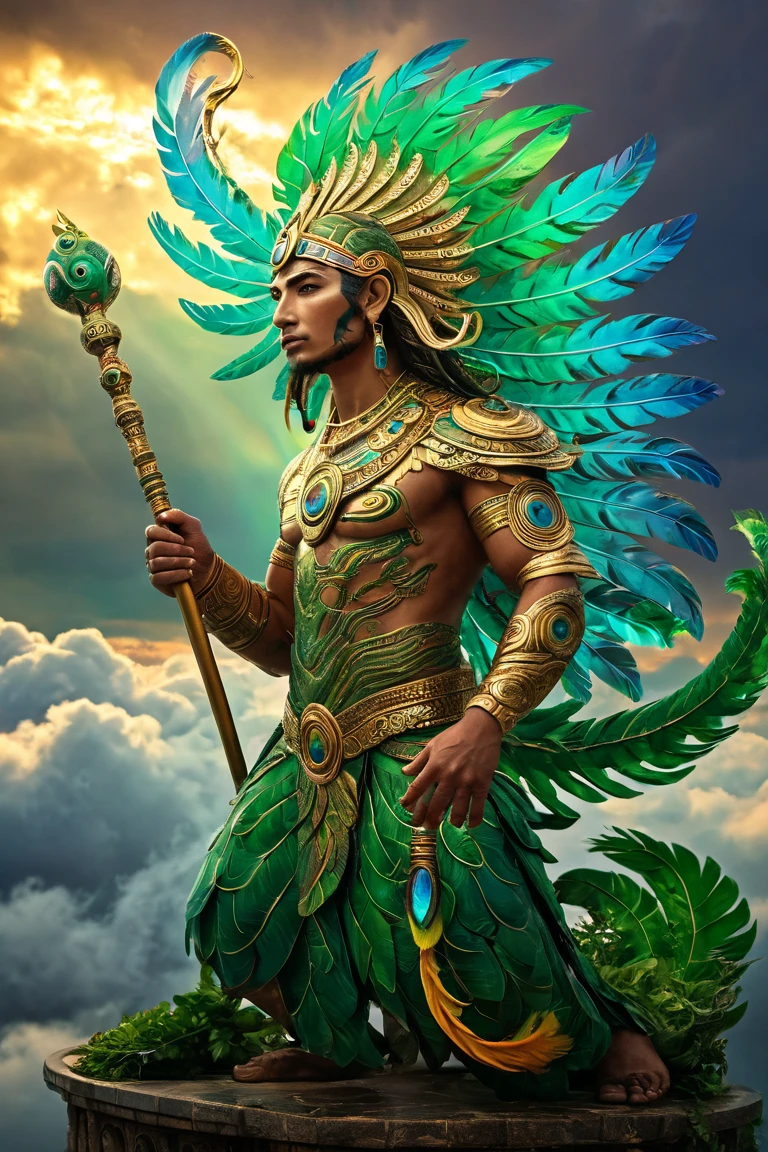 Masterpiece, best quality, {best quality}, {{masterpiece}}, {highres}, anime, 1boy, adult man, attractive, exotic, Quetzalcoatl, Kukulkan, Serpent God, dragon, serpent, flying feathers, plumage, Aztec, gold, gold, thunder, thunder