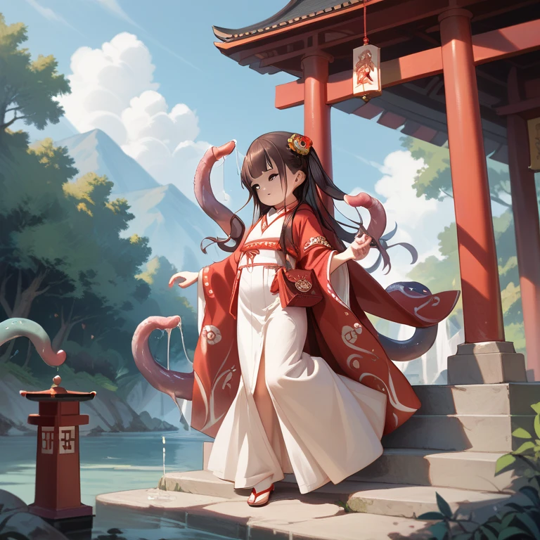 nsfw,masterpiece,best quality,ultra detaile,anime style,full body,1 girl,loli,age 10,shrine maiden clothes,red long skirt,empty eyes, tentacles,{{tentacle_sex}}, naked_cloak, (oversized_clothes:1.3)