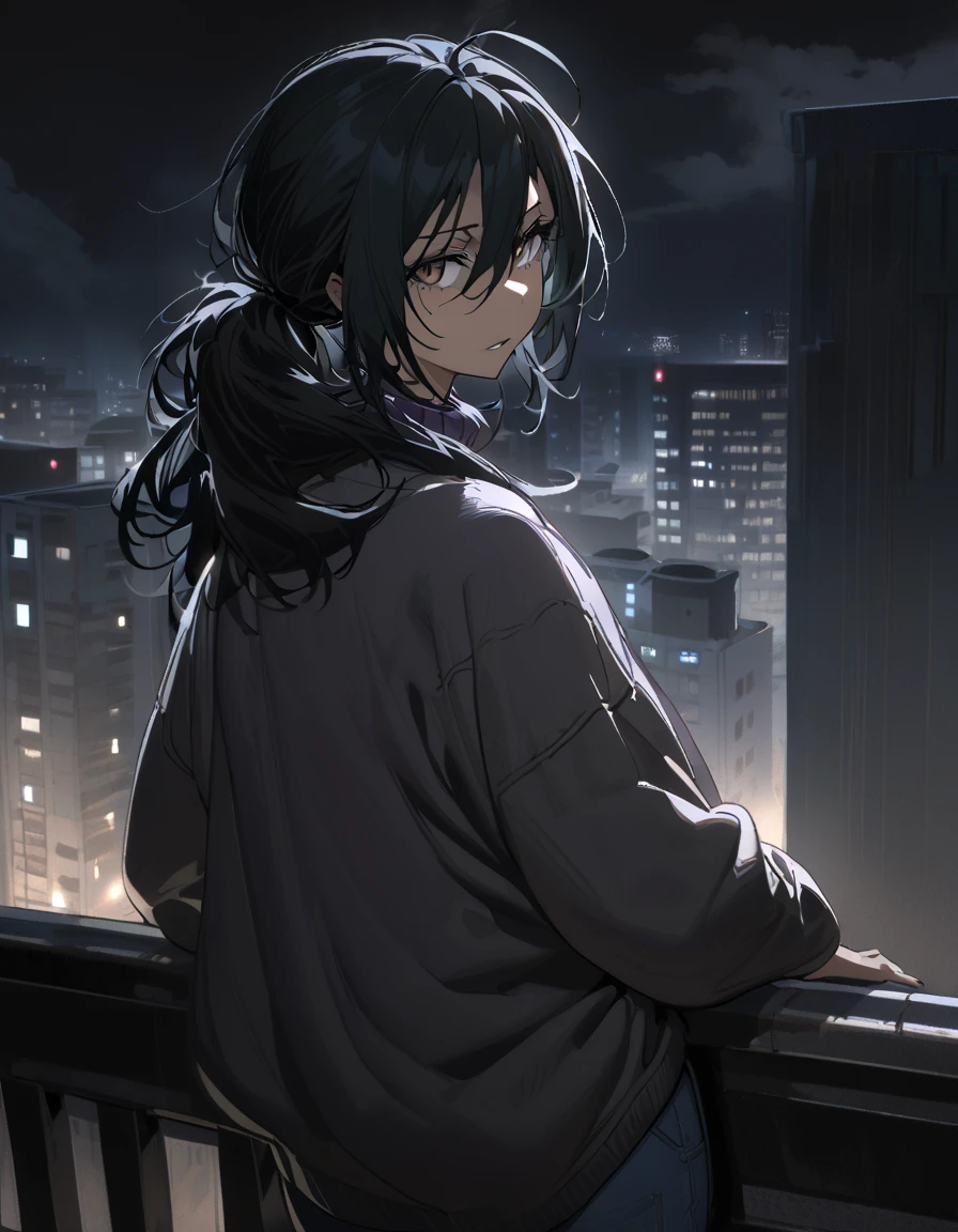 mature, violet, looking at viewer, female, apartment background, messy hair, grey shoulder-length hair, ponytail, parted lips, hair between eyes, ahoge, emotionless, tired eyes, standing, from behind, jeans, turtleneck shirt, comfy clothes, glasses, night, cloudy, leaning on railing, black wings on her waist, harpy, ulrich style