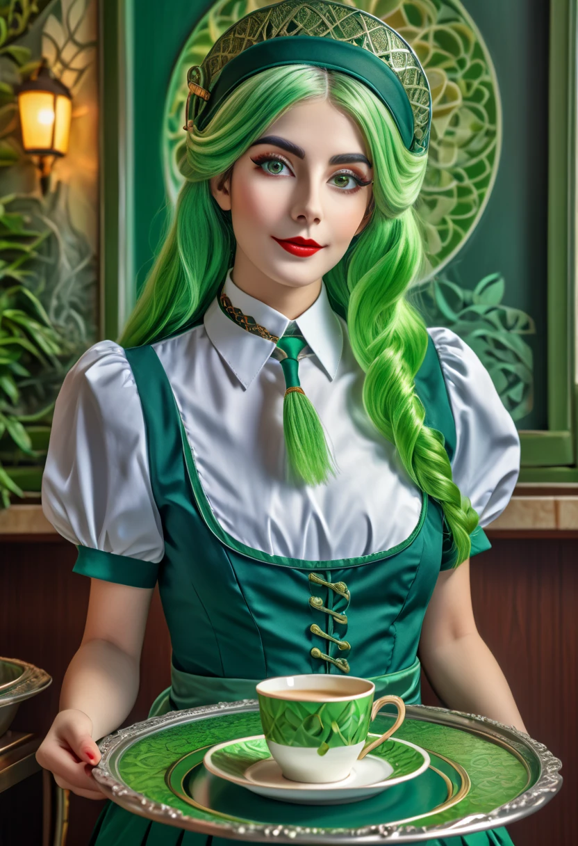 a beautiful young woman with long green hair,detailed face, detailed eyes and lips,maid uniform,holding a tray of morning coffee,detailed intricate background,highly detailed,8k,photorealistic,masterpiece,cinematic lighting,elegant,fashionable,vibrant colors