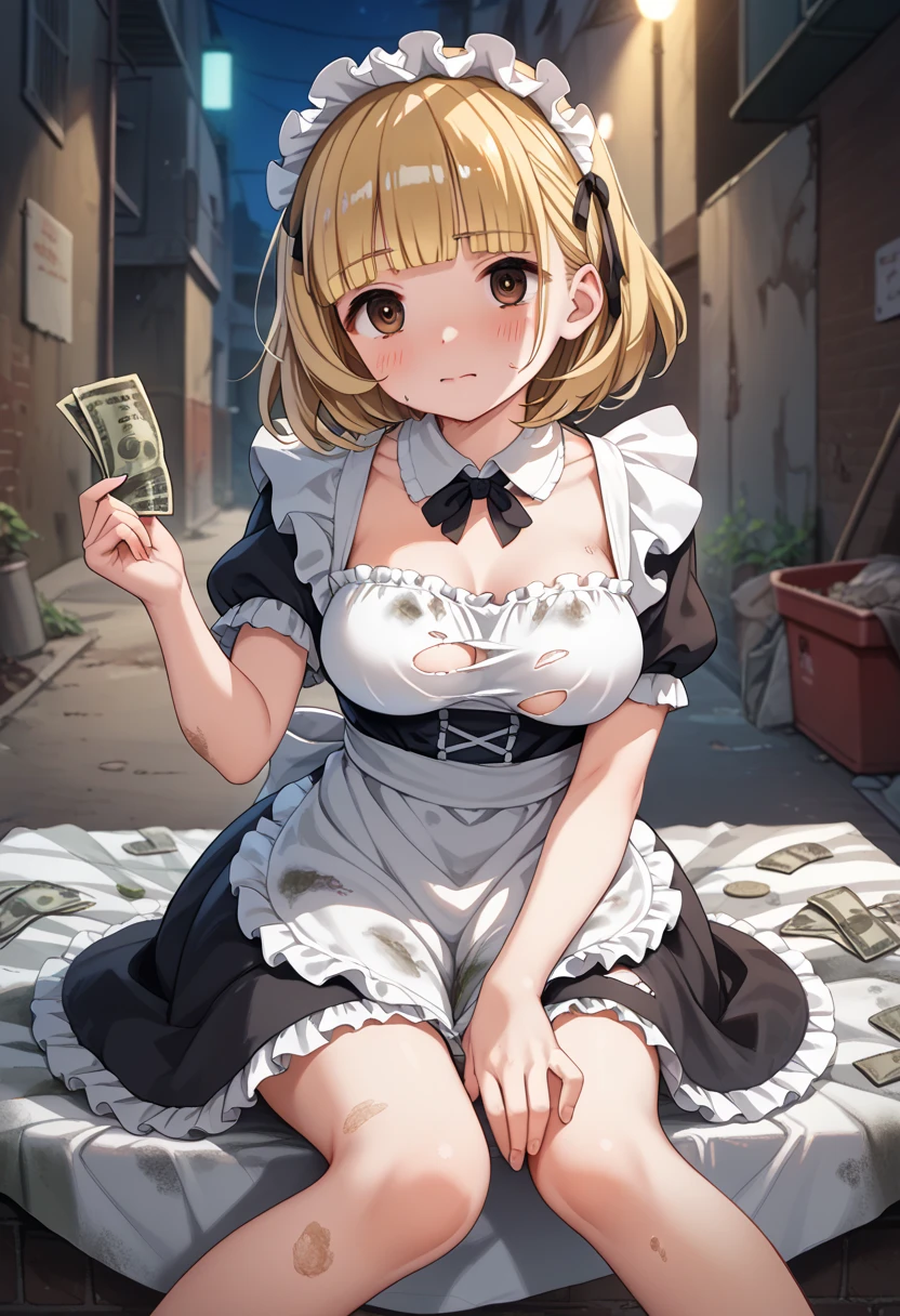 ((sitting on Dirty blanket,,closed legs, bent legs, her has a few money, She grabbing few money,)), 1girl,, (yuki mio, Blonde, blunt bangs, medium bob Hair, side hair,straight hair, very kind, Polite , competent, hair covered ears, breast,Voluminous sideburns ,hide ear,brown eye,tareme eye, Droopy eyes, dirty maid dress, torn maid dress),, blush, Frightened face, flowing tears, at night,,,nsfw, Background: dark back alley,night, Dilapidated, dusty,in shadow