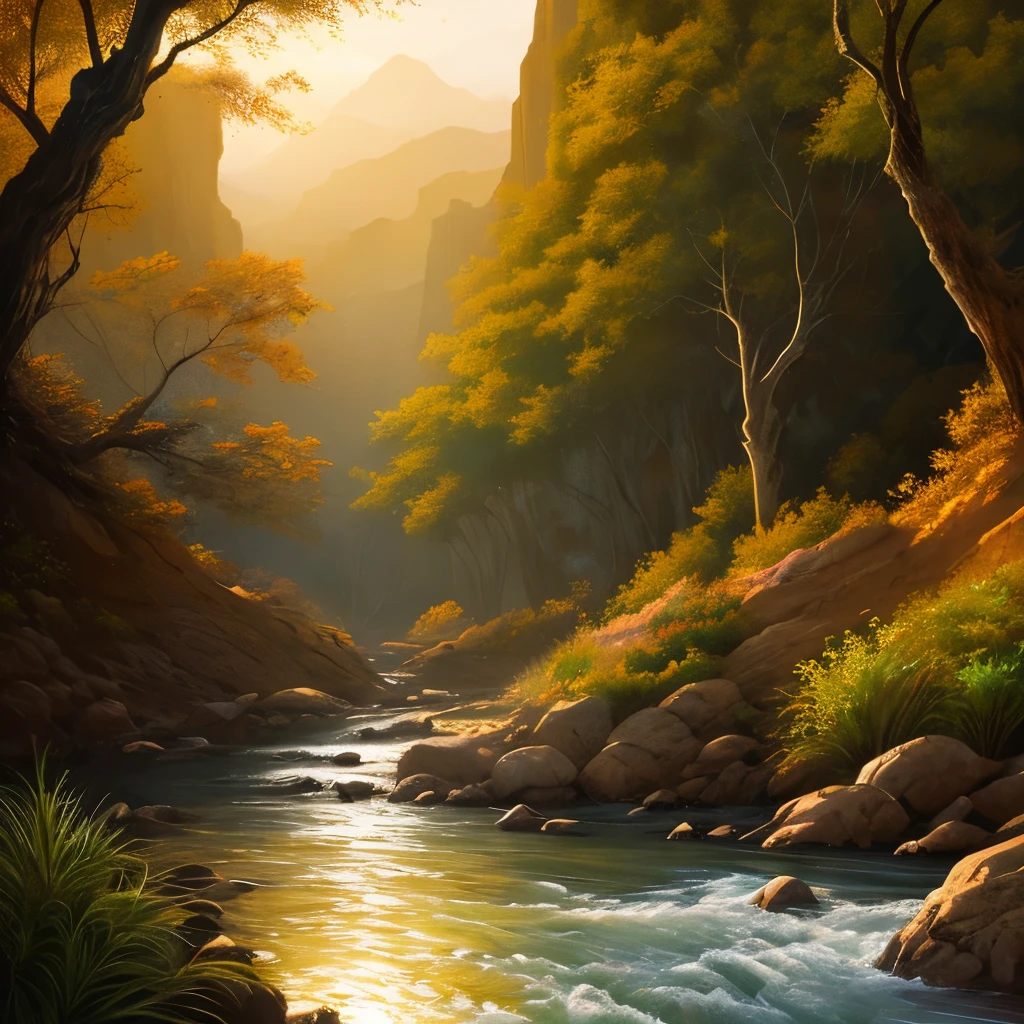 Painting of a river in a forest with rocks and trees - SeaArt AI