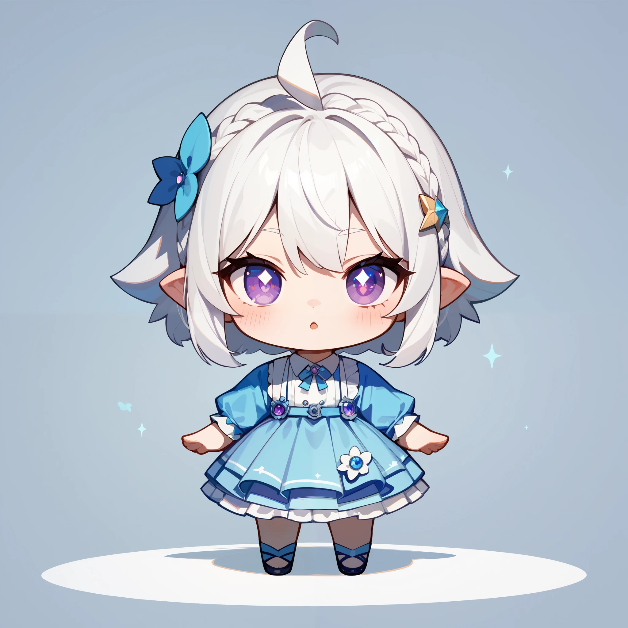 avatar of a chibi girl , ash white hair , purple eyes, light blue dress with ruffles, Masterpiece, high quality, Kind eyes, looking at the spectator , full body, chatting with the viewer