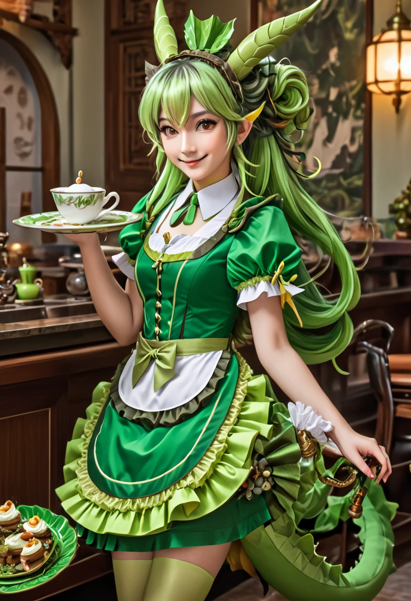 parlor dragonmaid, dragon girl, green hair, brown eyes, dragon tail, clothing cutout, dress, frilled dress, frills, maid, tail, a beautiful young woman with long green hair,detailed face, detailed eyes and lips,maid uniform,holding a tray of morning coffee,detailed intricate background,highly detailed,8k,photorealistic,masterpiece,cinematic lighting,elegant,fashionable,vibrant colors