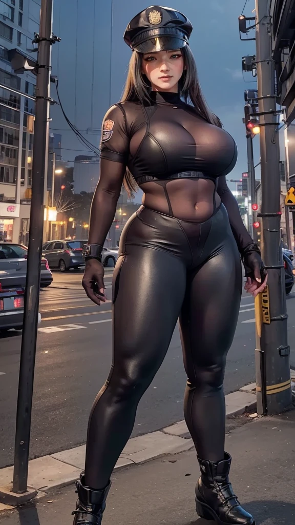 (masterpiece), best quality, expressive eyes, perfect face, Nico Robin in a cyber city, (cyber city background), (standing), (smirk), (closeup view), (1girl, Nico Robin face, dark skin, tanned skin, tan, black hair, long waivy hairstyle, no bangs, brown eyes, hourglass figure, skinny body, large breasts, huge breasts, oppai, wide hips, thick thighs, ((black zip-up jacket), (cyber punk style), (long sleeve), (croptop), expose cleavage, BREAK, (black thong), (orange socks), (black boots), (headset)))),