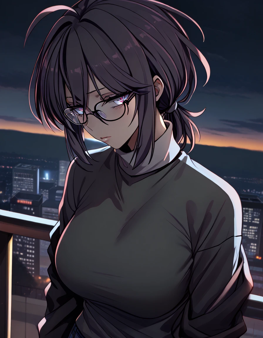 mature, violet, looking at viewer, female, apartment background, messy hair, grey shoulder-length hair, ponytail, parted lips, hair between eyes, ahoge, emotionless, tired eyes, standing, from behind, jeans, turtleneck shirt, comfy clothes, glasses, night, cloudy, leaning on railing, black wings on her waist, harpy, ulrich style, huge breasts