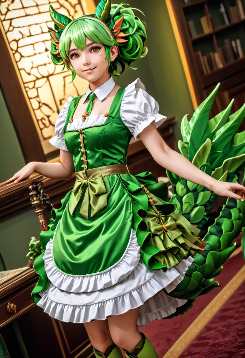 parlor dragonmaid, dragon girl, green hair, brown eyes, dragon tail, clothing cutout, dress, frilled dress, frills, maid, tail, highly detailed,8k,photorealistic,masterpiece,cinematic lighting,elegant,fashionable,vibrant colors