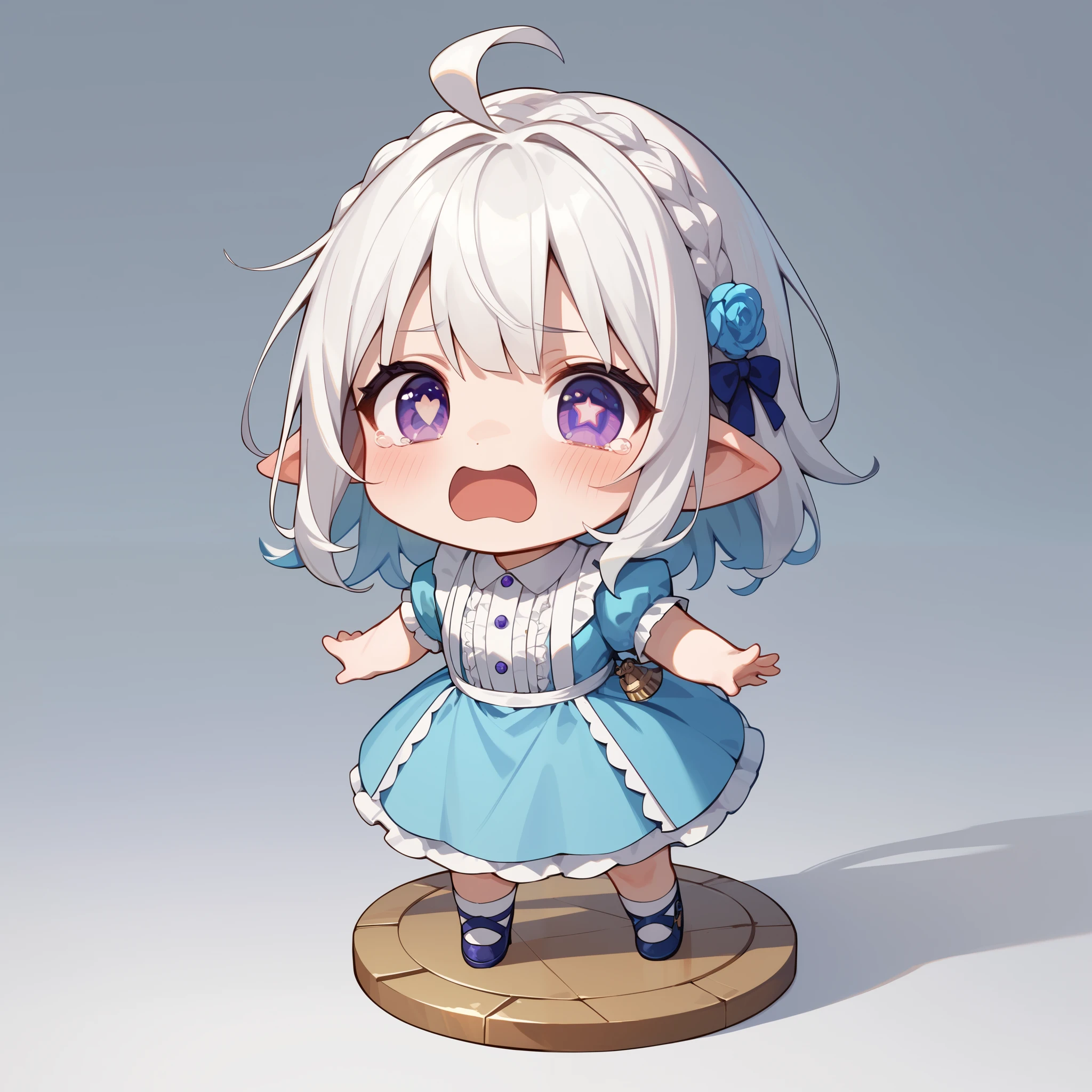 avatar of a chibi girl , ash white hair , purple eyes, light blue dress with ruffles, Masterpiece, high quality, kind eyes , looking at the spectator , full body, Scared Cute