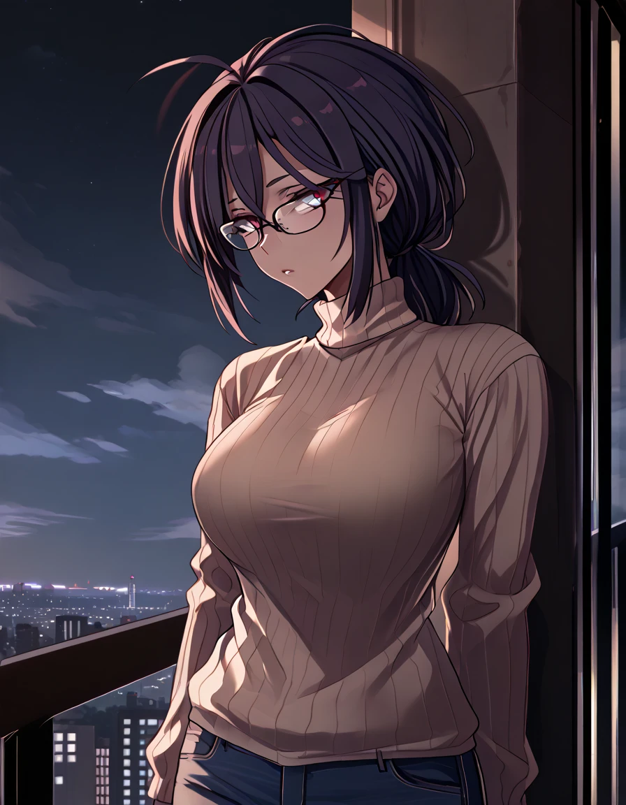 mature, violet, looking at viewer, female, apartment background, messy hair, grey shoulder-length hair, ponytail, parted lips, hair between eyes, ahoge, emotionless, tired eyes, standing, from behind, jeans, turtleneck shirt, comfy clothes, glasses, night, cloudy, leaning on railing, black wings on her waist, harpy, ulrich style, huge breasts