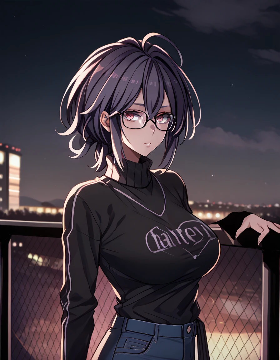 mature, violet, looking at viewer, female, apartment background, messy hair, grey shoulder-length hair, ponytail, parted lips, hair between eyes, ahoge, emotionless, tired eyes, standing, from behind, jeans, turtleneck shirt, comfy clothes, glasses, night, cloudy, leaning on railing, black wings on her waist, harpy, huge breasts