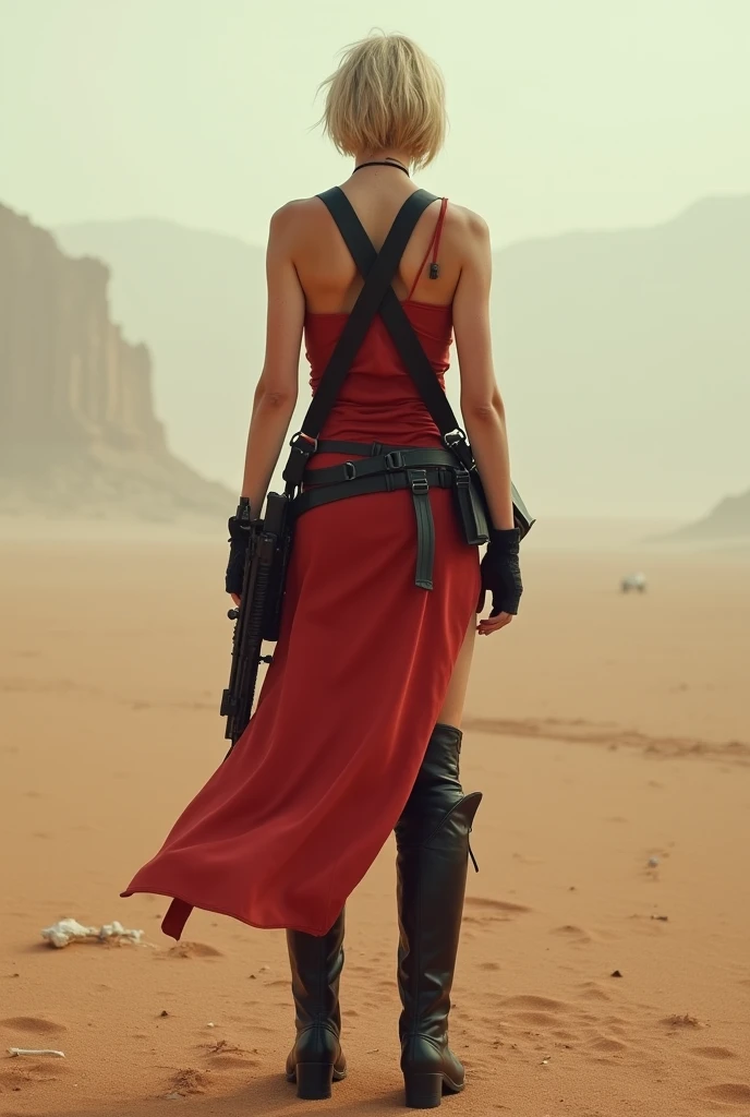 19 year old woman, piel oscura, pelo corto y rizado hasta los hombros, vestida con un minivestido rojo, Traje de discoteca, Apocalyptic wasteland, day time, buena iluminacion, desierto, cascos oxidados