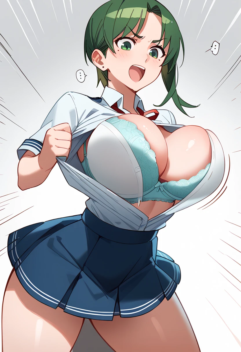 momokino, large breasts, short hair, green hair, mole, school uniform, skirt　undressing,show　bra.shiflybutton, popped button, flying button, bursting breasts, emphasis lines, bra, huge breasts, wardrobe malfunction, unaligned breasts, bouncing breasts, open clothes,