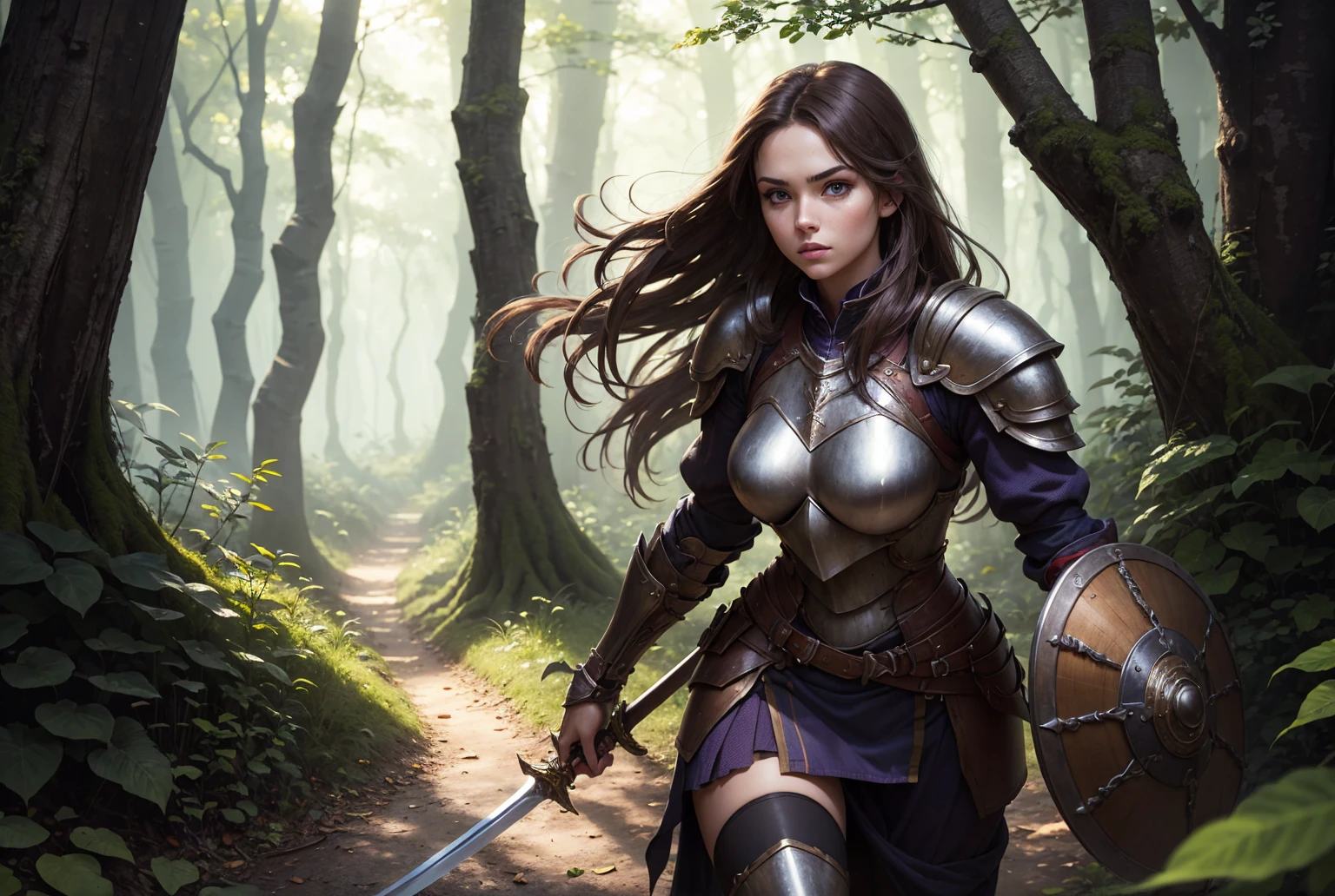 (8K,Photorealsitic Raw photography top-quality;1.4) (1girl in) Super beauty (Lifelike face) Muscular and macho female body (Brown hair long hair) Hold the sword correctly and hold it in front of you combat scene Metallic black and red armor Beautiful expression glareing (real looking skin) (sorcerer) enticing 超A high resolution A hyper-realistic high detal fully body photo ln the forest