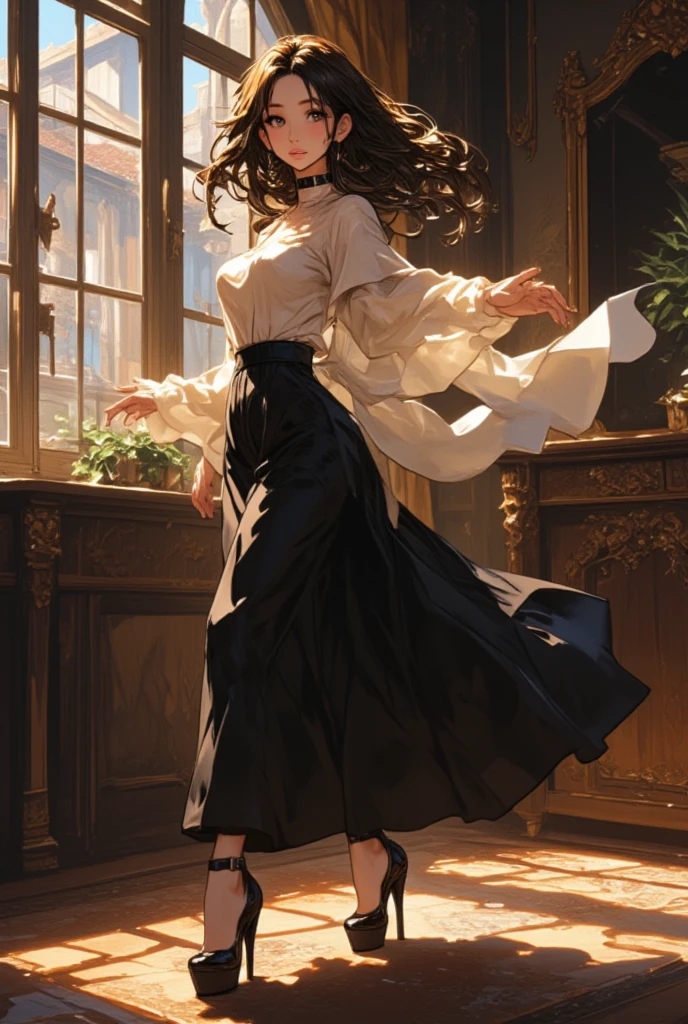 ((masterpiece, high resolution, better quality, better details)), ((Smiling)), ((one girl)) a girl sitting in the office, full body, maxi skirt, long skirt, ((long skirt without openings)),((louboutin high heels)), green eyes , ((black hair, long hair)), shiny skin, ((above view)), solo, from above, full body, focus full body, high heels, in office,